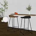 Modern Wooden Bar Counter With Two Stools Vase Oranges And Green Plants