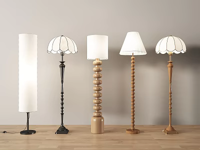 Five Modern Floor Lamps With White Shades Wooden And Metal Bases For Living Room Decor 3d model
