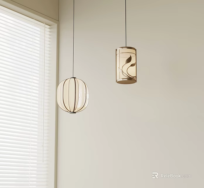 Beige Linen Pendant Lights Round And Cylindrical In Minimalist Interior Near Window Blinds 3d model 