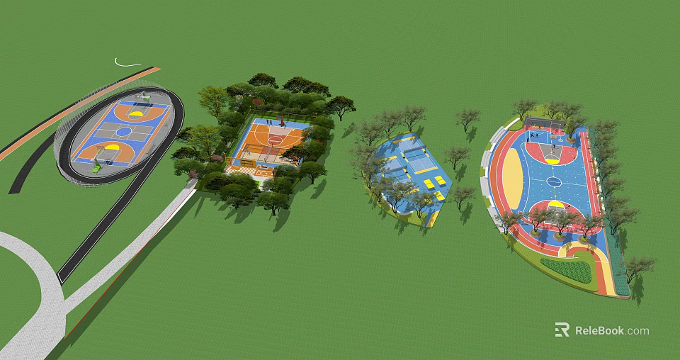 Colorful Outdoor Basketball Courts With Trees Green Lawn And Playground Areas 3d model 