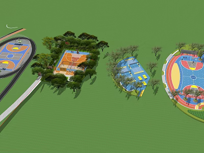 Colorful Outdoor Basketball Courts With Trees Green Lawn And Playground Areas 3d model