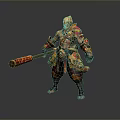 Muscular Mythical Game Film Character Wearing Golden Red Armor And Holding Staff With Tail