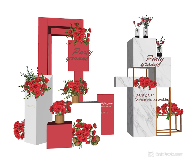 Red Floral Decoration for Party Venue with Marble Structure and Golden Frame 3d model 