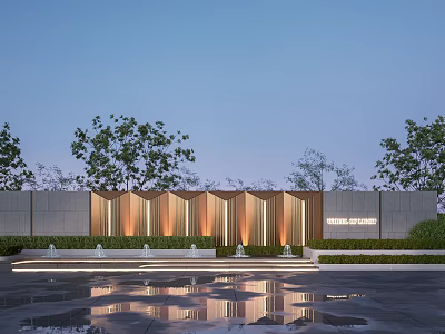 Modern Feature Wall Design With Wooden Strips Lighting Water Reflection And Greenery 3d model
