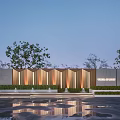 Modern Feature Wall Design With Wooden Strips Lighting Water Reflection And Greenery