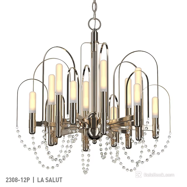 Modern Silver Metal Chandelier With Illuminated Bulbs And Hanging Crystal Beads 3d model 