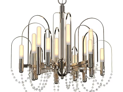 Modern Silver Metal Chandelier With Illuminated Bulbs And Hanging Crystal Beads 3d model