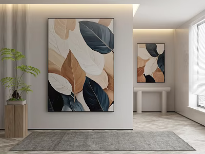 Minimalist Entryway With Leaf Pattern Wall Art Green Plant And Gray Rug 3d model