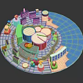Circular Urban Architecture Model with Colorful Buildings Structures Green Spaces and Roads