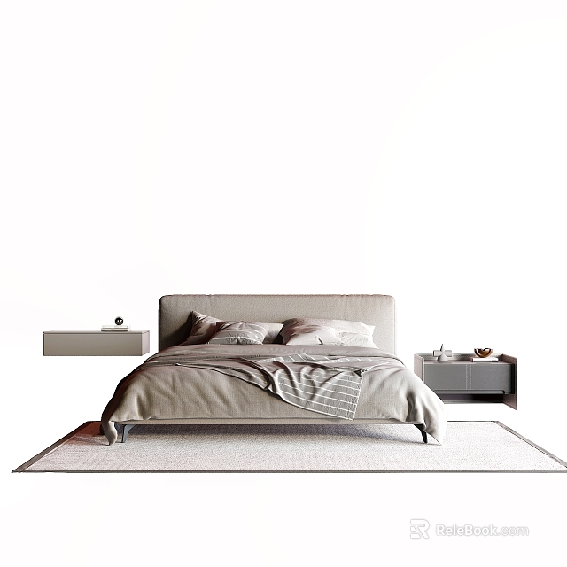Modern Double Bed with Neutral Bedspread Pillows and Nightstands on Soft Rug 3d model 