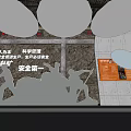 Industrial Corridor Interior With Gray Circular Ceiling Black Walls Orange Frames And Mechanical Drawings