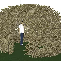 Intersecting Wooden Construction Elements Forming Dome Shaped Outdoor Structure On Grassy Area