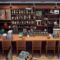 Cozy Restaurant Interior With Wooden Bar Counter Stools And Various Bottles On Display Shelves
