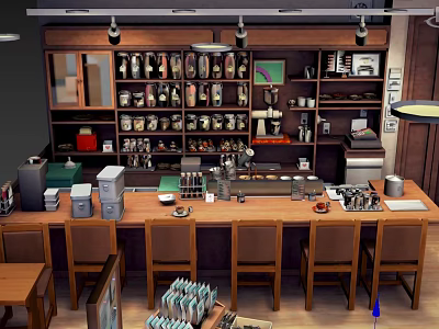 Cozy Restaurant Interior With Wooden Bar Counter Stools And Various Bottles On Display Shelves 3d model