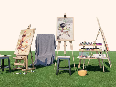 Artistic Outdoor Setup With Easels Paintings Brushes Colorful Paint Tubes Musical Instruments On Green Grass 3d model