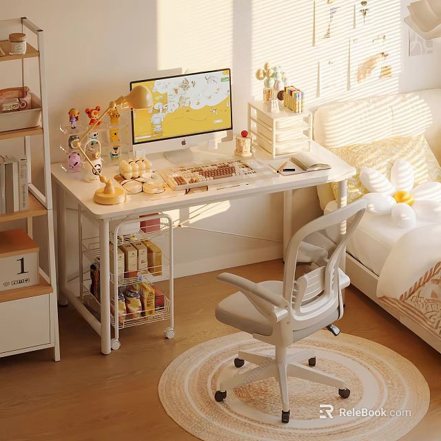 Cozy Home Office Desk Setup With Computer Monitor Lamp Sunlight And Organized Decor 3d model 