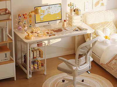 Cozy Home Office Desk Setup With Computer Monitor Lamp Sunlight And Organized Decor 3d model