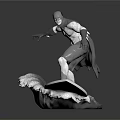 3D Superhero Figurine With Cape Costume Standing On Wave Surfboard Base