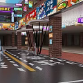 Vibrant Commercial Street Entrance With Neon Sign And Colorful Shop Signs