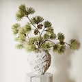 White Textured Vase With Pine Branches And Pine Cones On Hexagonal Base Against Light Background 3d model