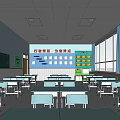 School Classroom Interior With Blue Desks Chairs Blackboard Schedule And Windows