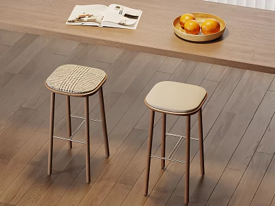 Modern Bar Stools With Wooden Legs And Woven Leather Seats By Bar Counter 3d model