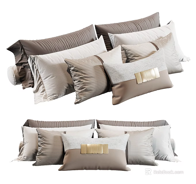 Neutral Toned Decorative Pillows With Striped Textures And Metal Accents For Modern Home Decor 3d model 