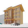 Chinese Style Multi story Detached Villa With Traditional Roof Large Windows And Parked Cars