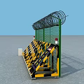 Security Fence With Green Frame Barbed Wire Top Yellow Black Warning Stripes And Signs