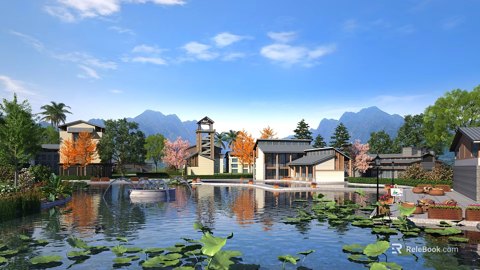 Scenic Water Fountain in Resort Area with Mountain Backdrop Lotus Leaves Reflections and Traditional Buildings 3d model 