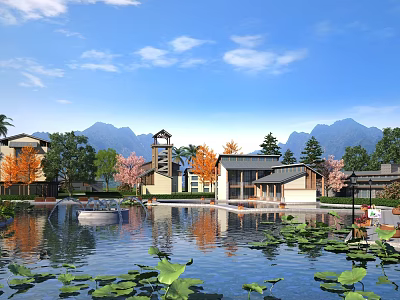 Scenic Water Fountain in Resort Area with Mountain Backdrop Lotus Leaves Reflections and Traditional Buildings 3d model