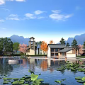 Scenic Water Fountain in Resort Area with Mountain Backdrop Lotus Leaves Reflections and Traditional Buildings