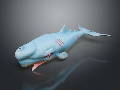 Blue Shark Toy with Red Scars and Open Mouth on Dark Background 3d model