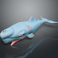 Blue Shark Toy with Red Scars and Open Mouth on Dark Background