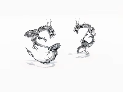 Two Dragons Black And White Sketch Artwork With Mythical Creature Design 3d model