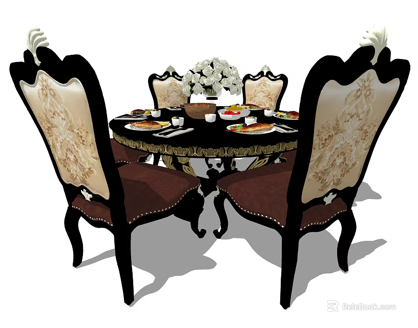 Classic Dining Table Set with Carved Chairs Upholstered Backrest Vase with Flowers and Tableware 3d model 