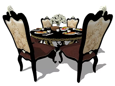 Classic Dining Table Set with Carved Chairs Upholstered Backrest Vase with Flowers and Tableware 3d model