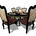 Classic Dining Table Set with Carved Chairs Upholstered Backrest Vase with Flowers and Tableware
