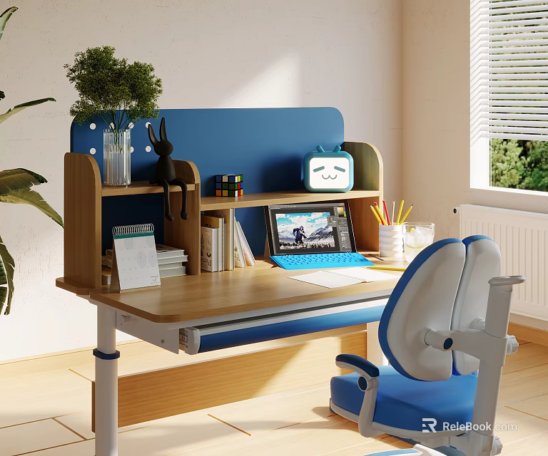 Wooden Blue Desk With Green Plant Rabbit Figurine Alarm Clock Photo Frame And Blue Chair 3d model 