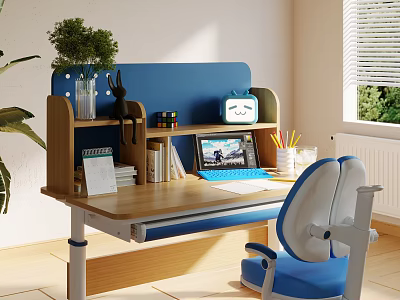 Wooden Blue Desk With Green Plant Rabbit Figurine Alarm Clock Photo Frame And Blue Chair 3d model