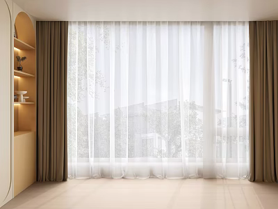 Elegant Living Room Interior With White Sheer Curtains Brown Curtains And Natural Light 3d model