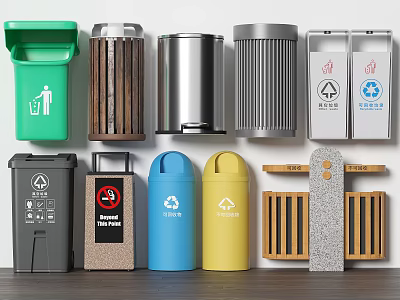 Public Facility Waste Containers With Color Coded Recycling Bins And No Smoking Signs 3d model