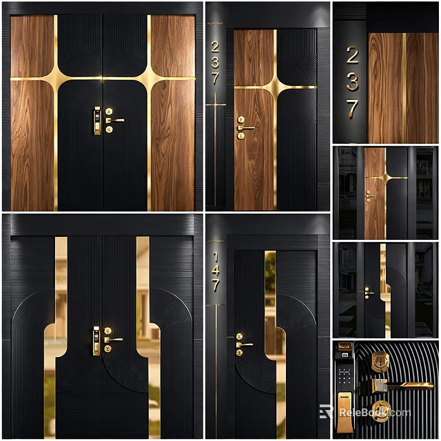 Contemporary Double Doors With Black Frame Wooden Panels And Golden Accents 3d model 