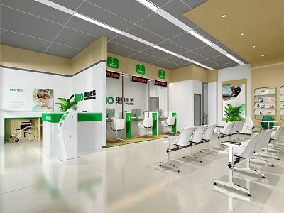 Modern Service Hall Interior With Service Counters Waiting Chairs And Direction Signs 3d model