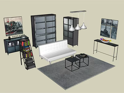 Modern Living Room With White Sofa Black Cabinets Pendant Lights Gray Rug And Side Tables 3d model