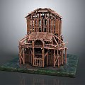 Wooden Architectural Model With Two Story Frame And Arched Design On Green Base