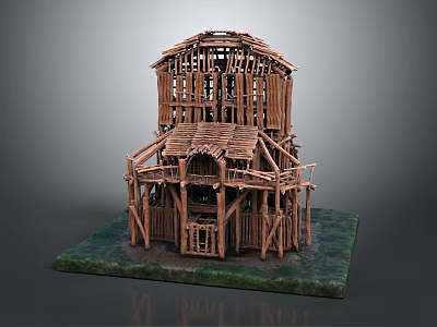 Wooden Architectural Model With Two Story Frame And Arched Design On Green Base 3d model