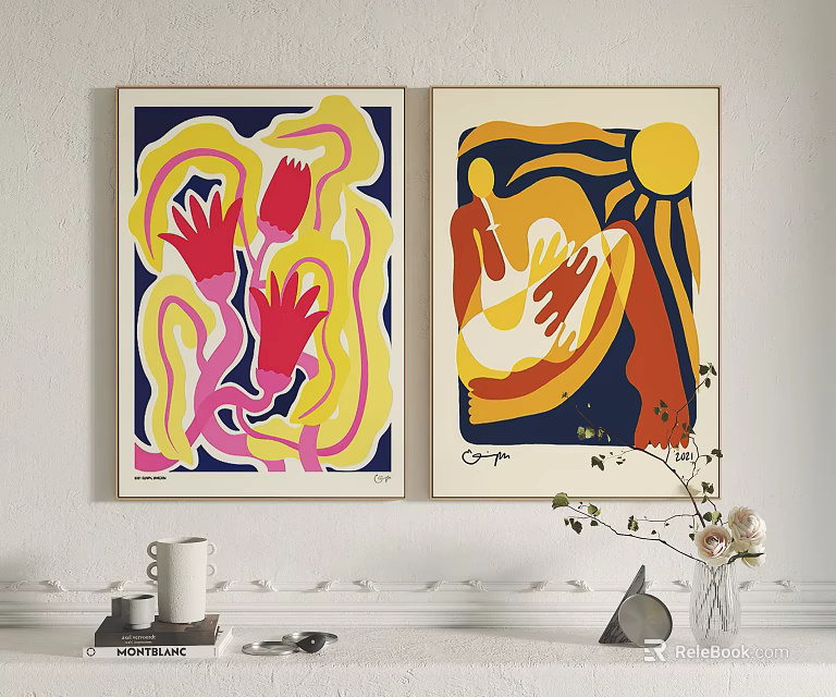 Colorful Abstract Paintings With Sun Human Figures And Decorative Elements On Wall 3d model