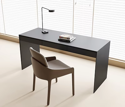 Modern Home Office Black Desk With Table Lamp Stack Of Books And Brown Chair 3d model