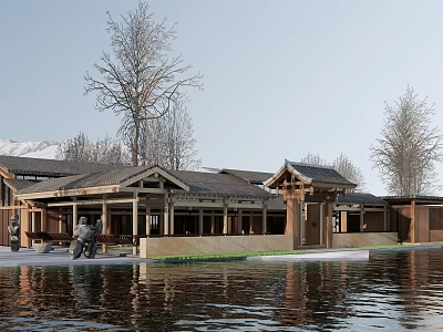 Ancient Chinese Architecture With Traditional Roof Wooden Structure And Lakeside Trees 3d model